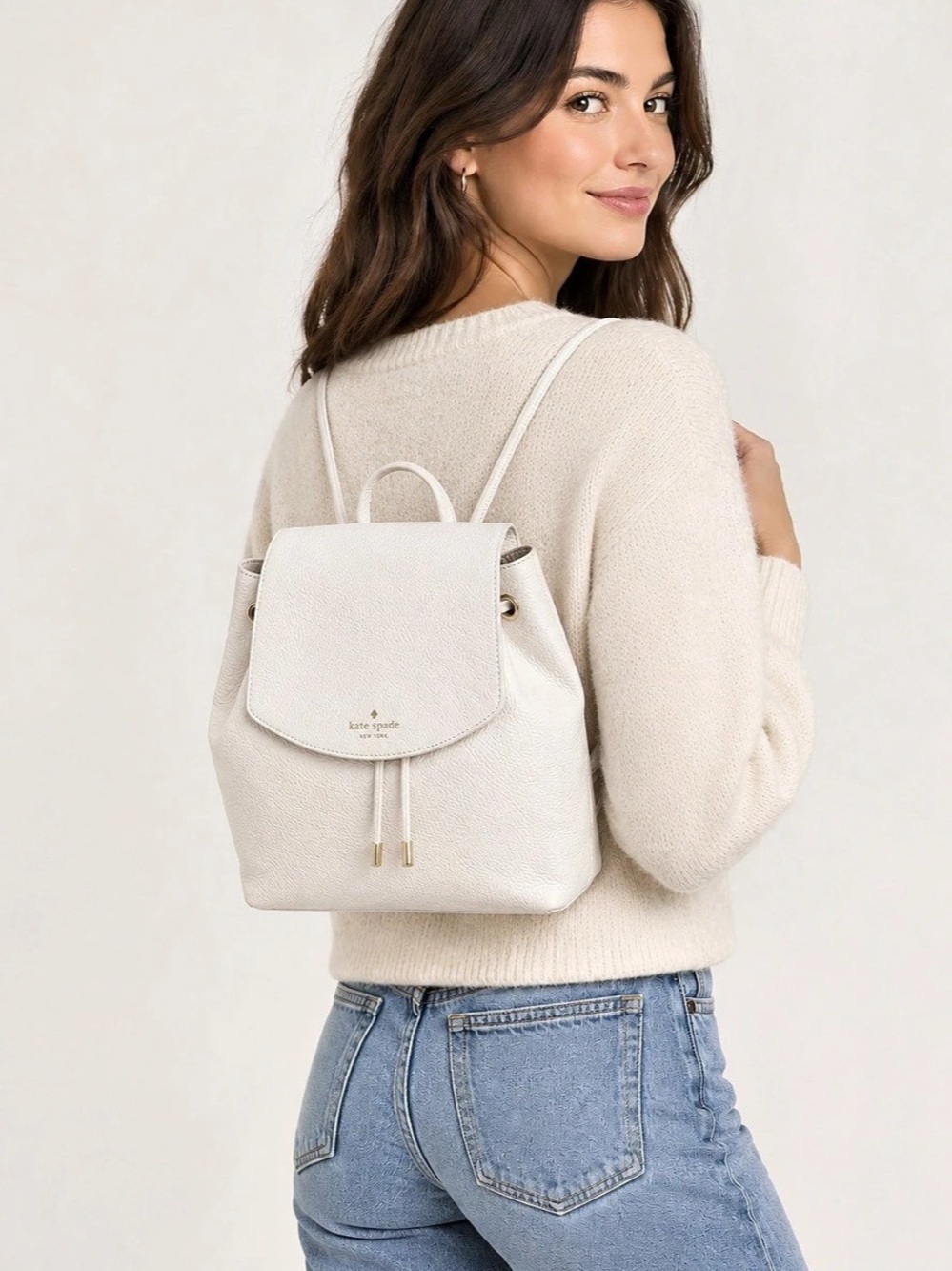 Kate Spade NY Genuine Soft Pebble Leather Backpack in White Drawstring Closure